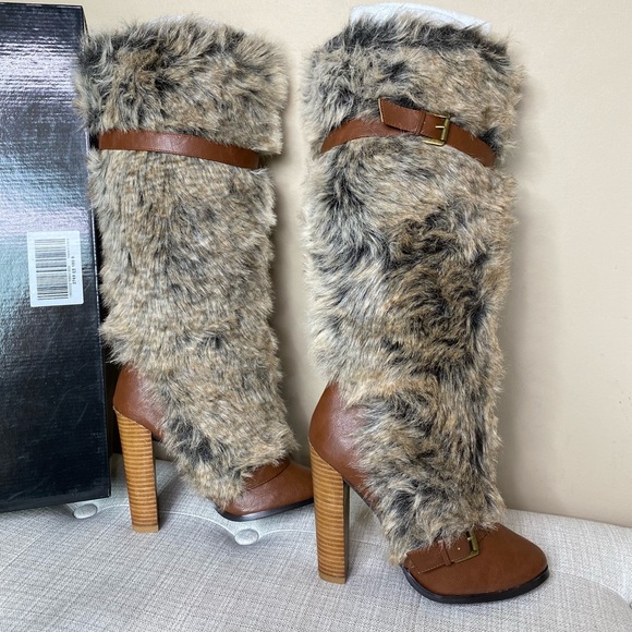 Colin Stuart Cognac Fur Knee High Boots - Picture 4 of 14